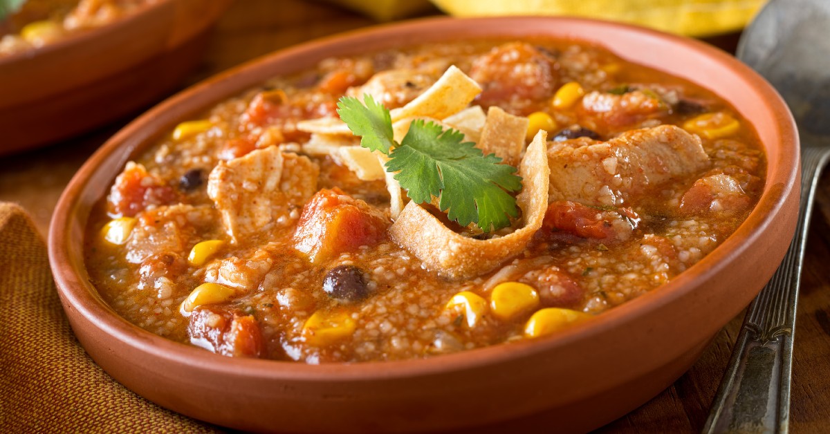 A bowl of chicken tortilla soup.